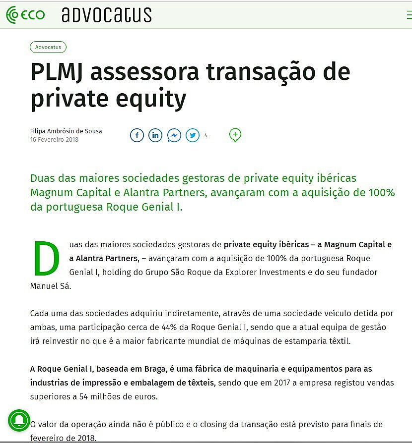 PLMJ assessora transao de private equity